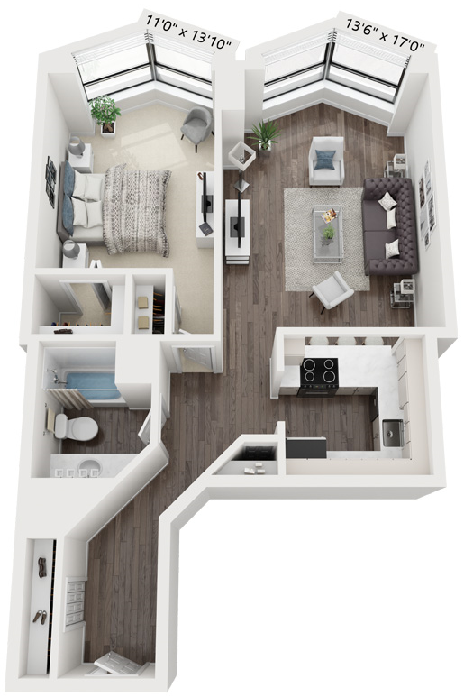 Floor plan for 1 bed, 1 bath, 755 sqft